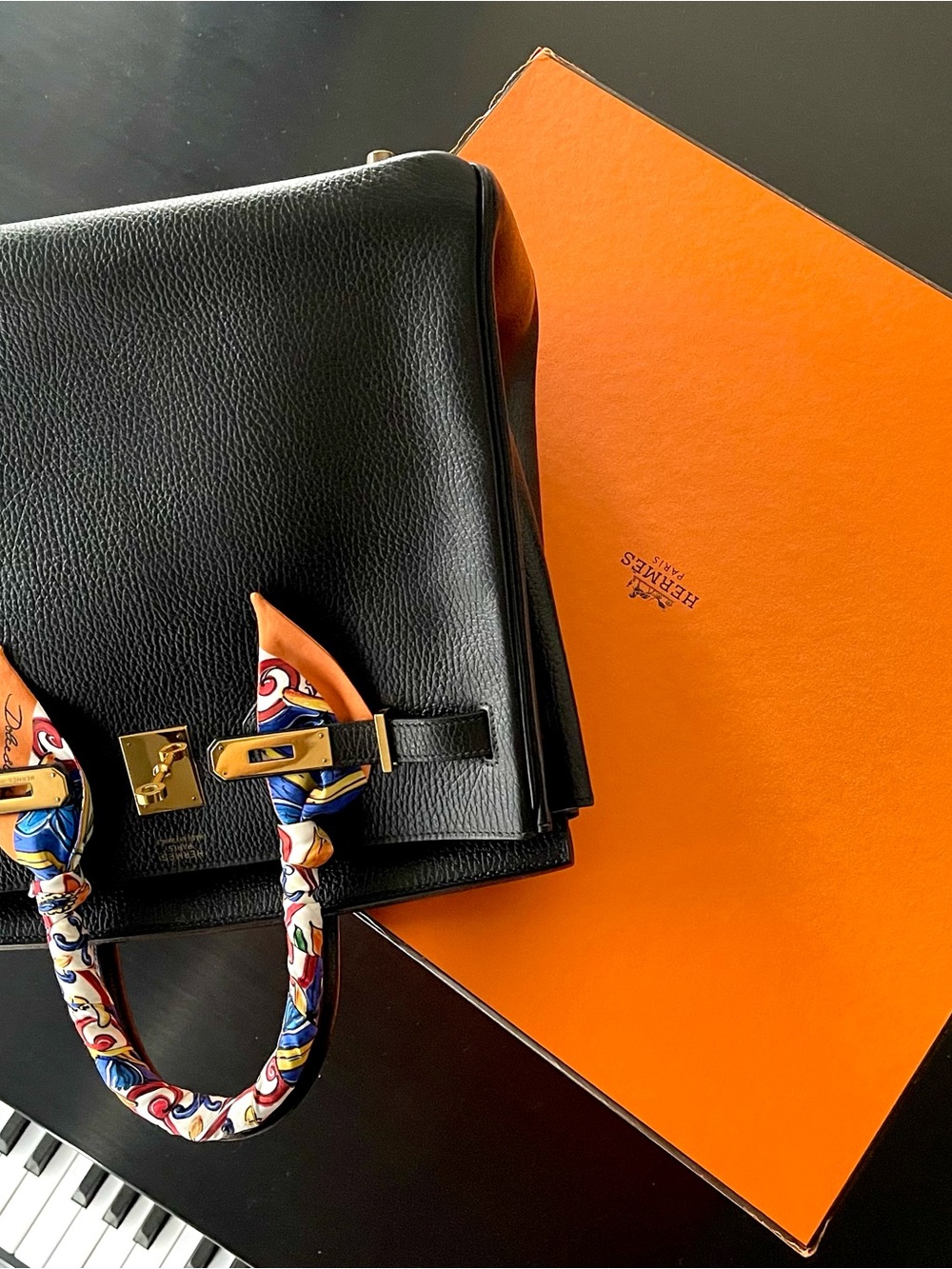 Hermès HAC 32 Black  Ardennes Leather Top-Handle Bag with Colorful Twilly